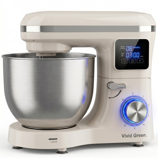 Vivid Green 2000W Keukenrobot - 6.2L - Display  Instelbare Timer - Mixer met Mengkom - Keukenmachine - Keukenmixer - Creme