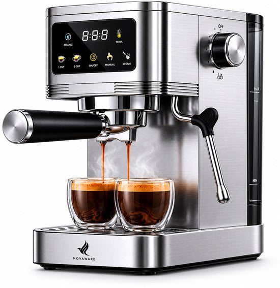 NovaWare Espressomachine – 20 Bar - Pistonmachine met stoompijpje - Kopjesverwarmer - Coffee Machine - RVS