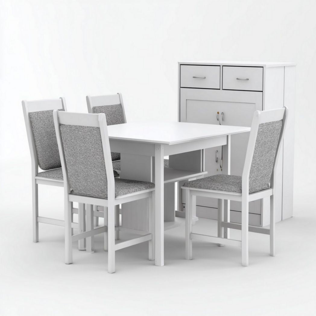 Eettafel met vier stoelen voor de eetkamer - hout en stof - 90 x 90 x 75