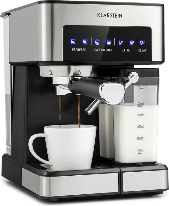 Klarstein Koffiemachine Espresso Pistonmachine met Melkopschuimer, 1,8 L Mini Espressomachine met Piston, 20 Bar RVS Compact, Melkreservoir, 1350 W Koffiemachine voor Gemalen Koffie - Stoompijpje Touch LED - Coffee Machine