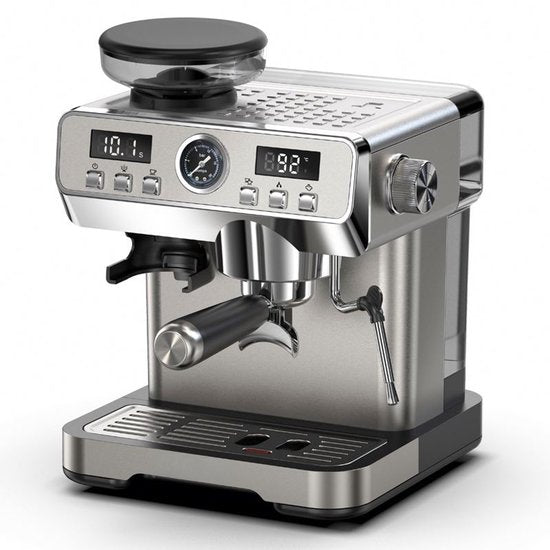 Bresco Barista Espressomachine – Pistonmachine met Koffiemolen – RVS Koffiemachine melkopschuimer – Bonenmaler – Brushed Stainless Steel(Geborsteld RVS)