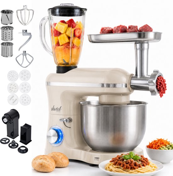 Vivid Green 2000W Keukenrobot - 6.2L - Alles-in-een Keukenmixer - Mixer met Mengkom - Keukenmachine - Gehaktmolen en Blender- Pastamachine – Rood(Creme)