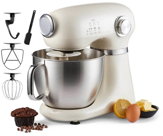 Swiss Haus KM2005 Keukenmachine – 1000W Keukenrobot – 5L RVS Mengkom met Handgreep – 12 Snelheden – Retro Design – Multifunctionele Keukenmixer met Accessoires - Crème(Creme)